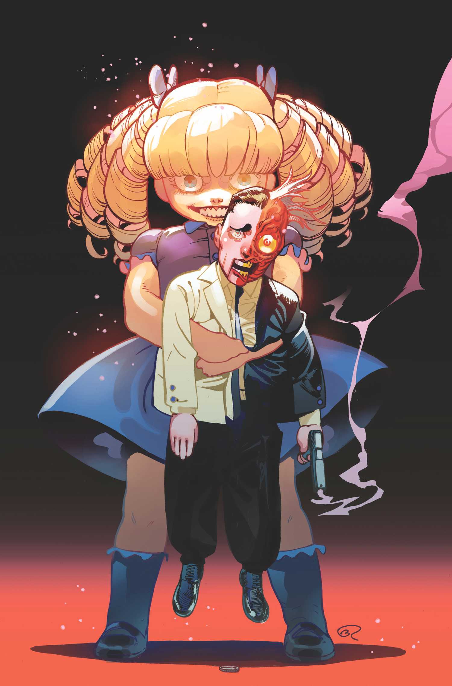Comic book cover: Baby Doll holds a doll-sized Two-Face puppet.