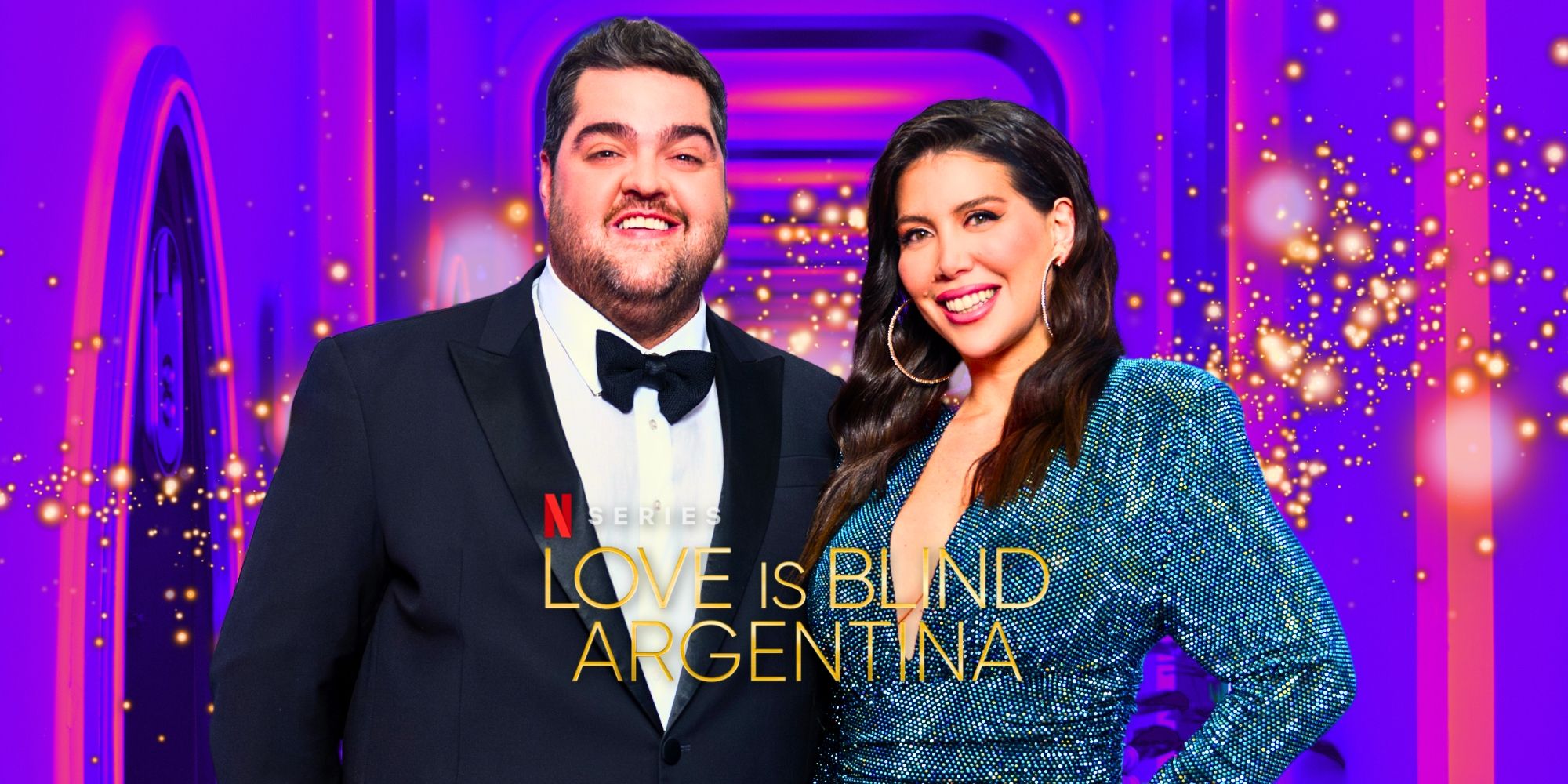 Two Love Is Blind Argentina cast members in formal attire for promo shot with pods background