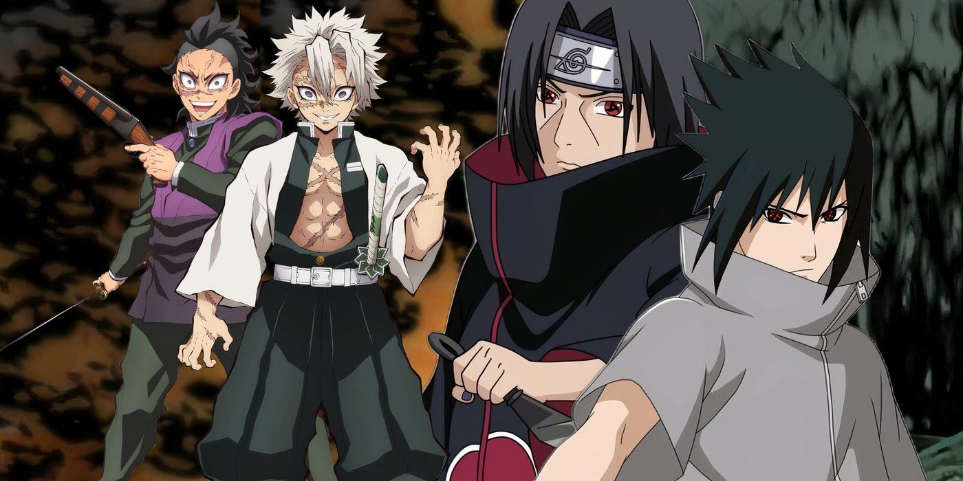 Sanemi and Genya are posed to the left of the image and Sasuke and Itachi are posed to the right