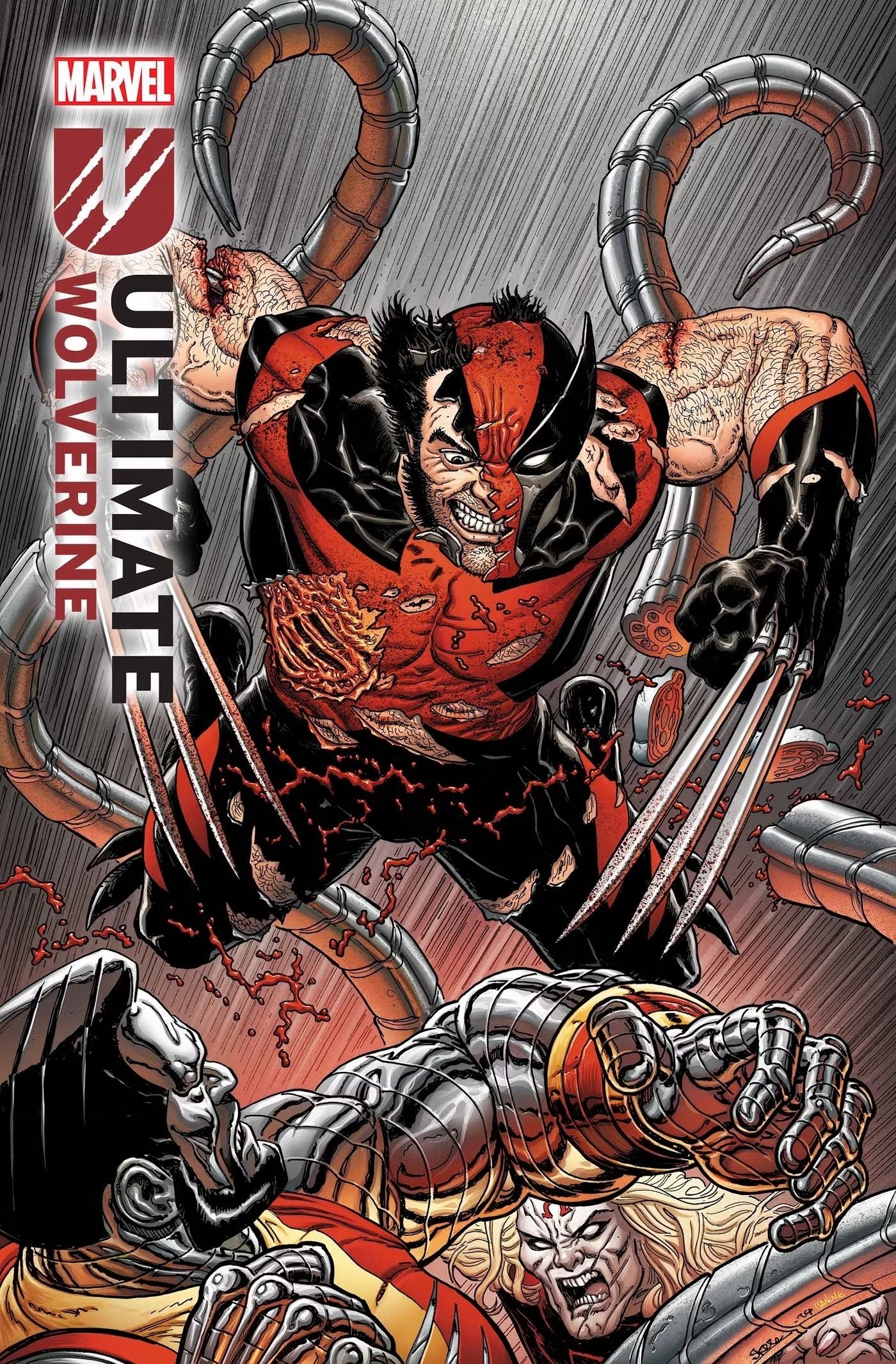 Ultimate Wolverine #1 cubre con el ataque de Wolverine, atacando a Coloso y Omega Red.