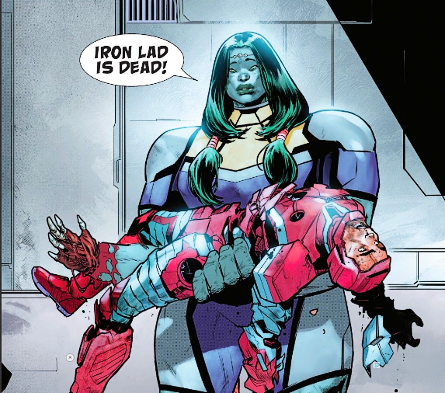 Ultimates #6, She-Hulk sostiene el cuerpo de Tony Stark y grita 