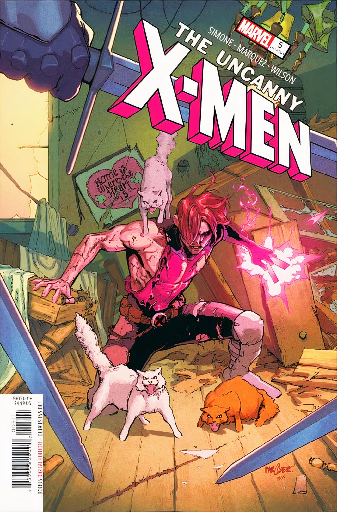 Capa de Uncanny X-Men#5, com Gambit e seus gatos