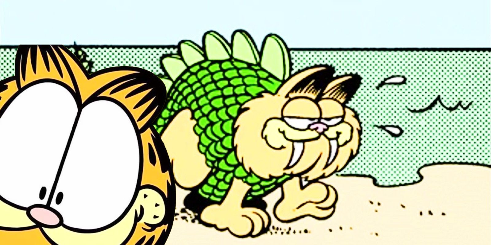 Garfield (left, foreground) peeks into frame, with the prehistoric 