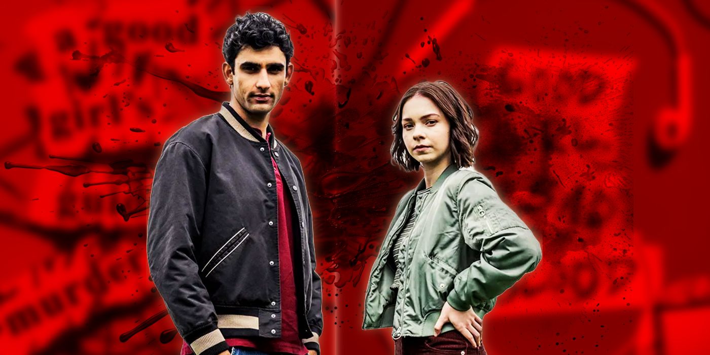 A cutout of Ravi Singh & Pippa Fitz-Amobi in A Good Girl's Guide to Murder against a red background with the blurred book covers and a black spatter.