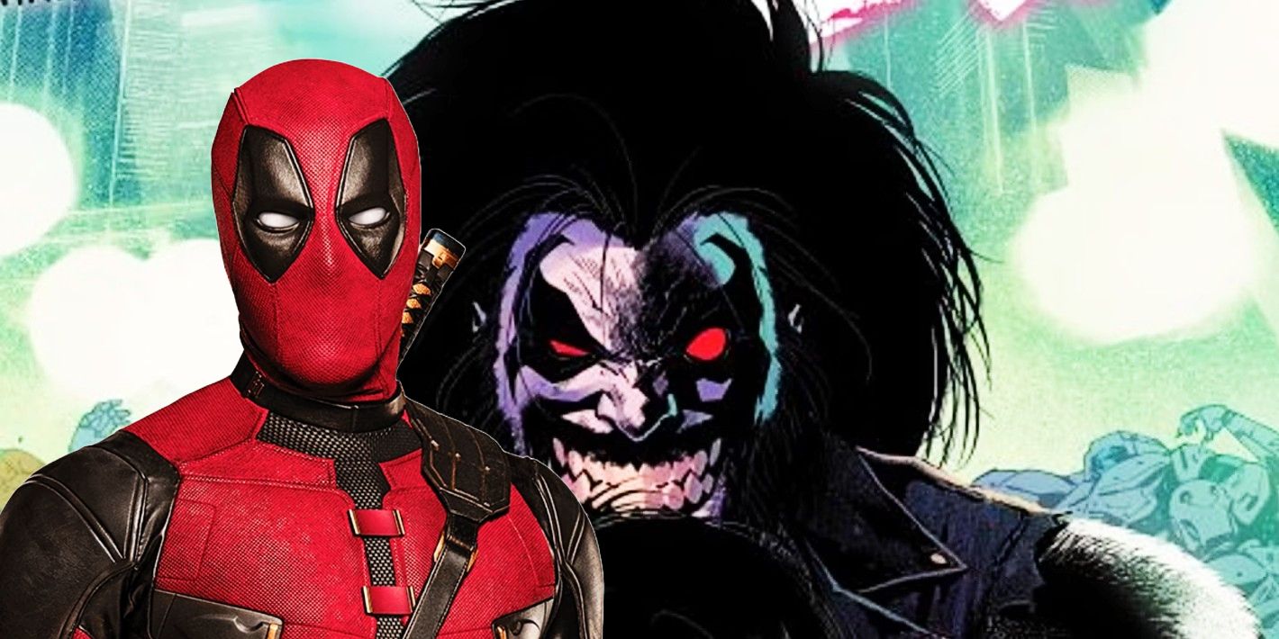 Live action Deadpool (left, foreground) with Lobo smiling sinisterly, looming over his shoulder (right, background.)