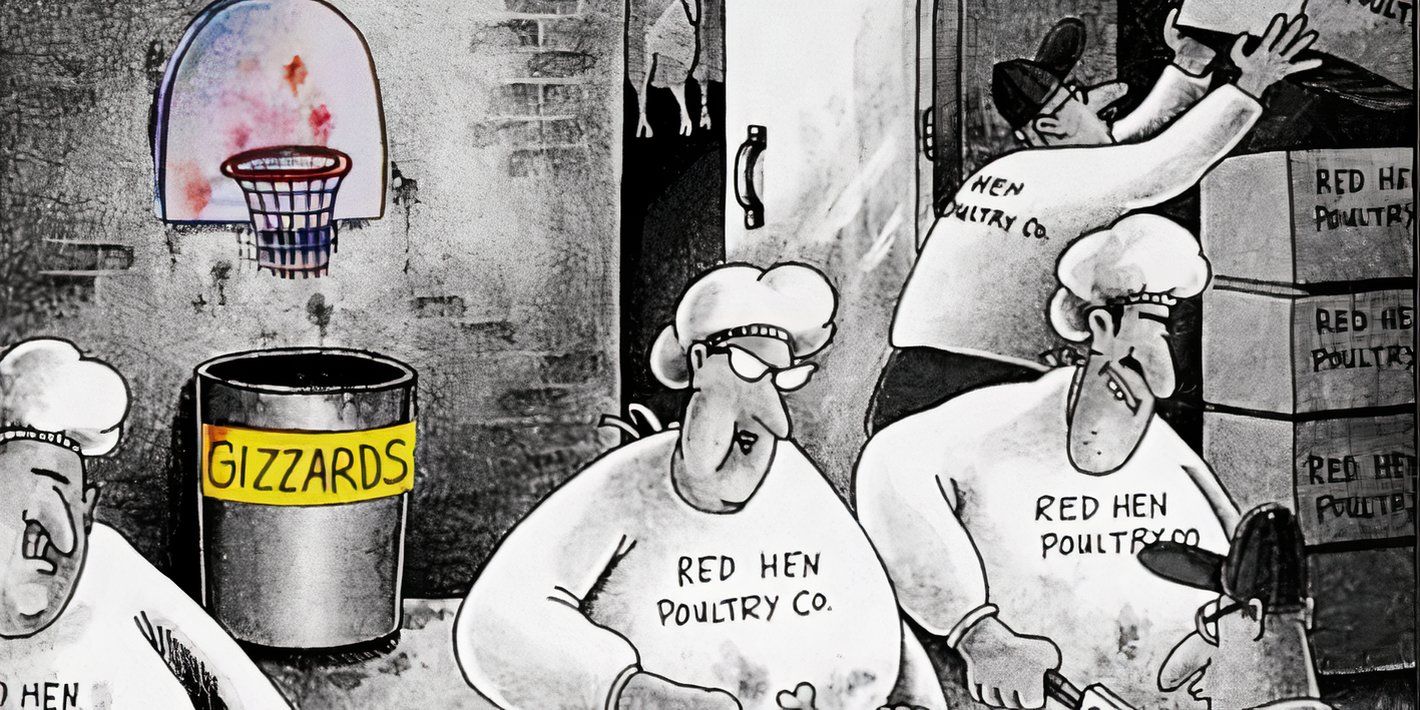 The Far Side, workers at a poultry factory, with a bloody basketball hoop over a can labeled gizzards in the background.