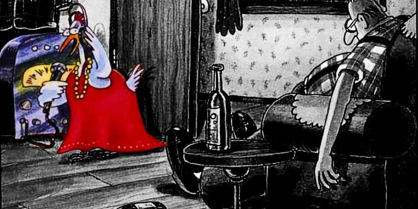 Far Side, a chicken in a red dress (color) while a farmer is passed out in a recliner (black & white)