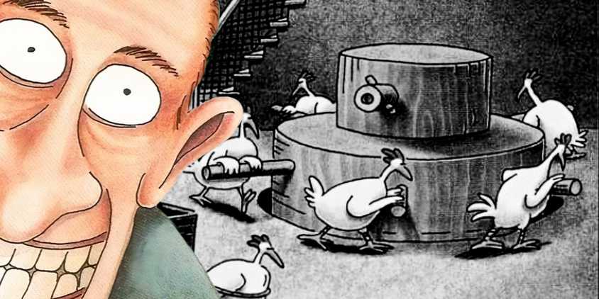 Far Side grinning man (color, foreground) as chickens work a machine in the background (black and white)
