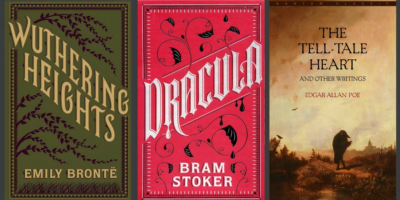The book covers of Wuthering Heights by Emily Brontë, Dracula by Bram Stoker, and The Tell-Tale Heart by Edgar Allan Poe.