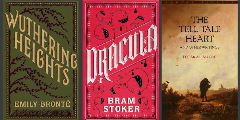 The book covers of Wuthering Heights by Emily Brontë, Dracula by Bram Stoker, and The Tell-Tale Heart by Edgar Allan Poe.
