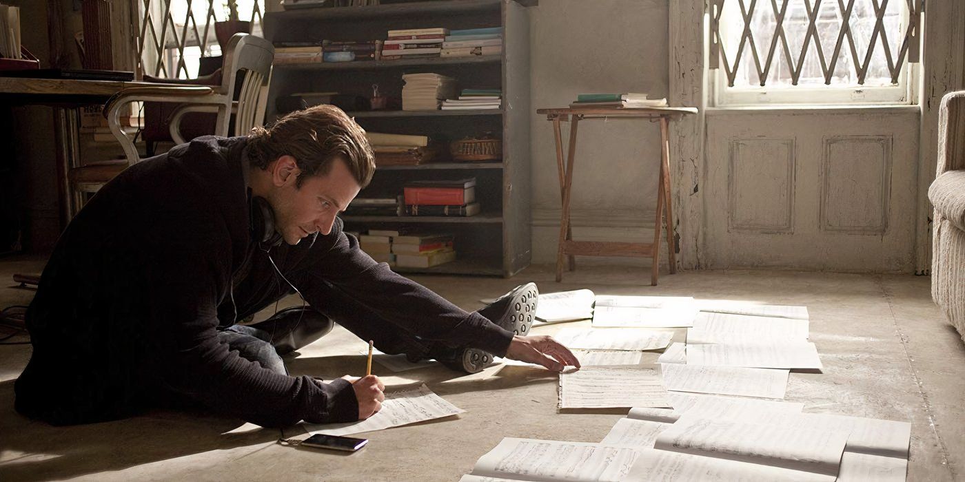 Bradley Cooper spreads his notes all over the floor in Limitless