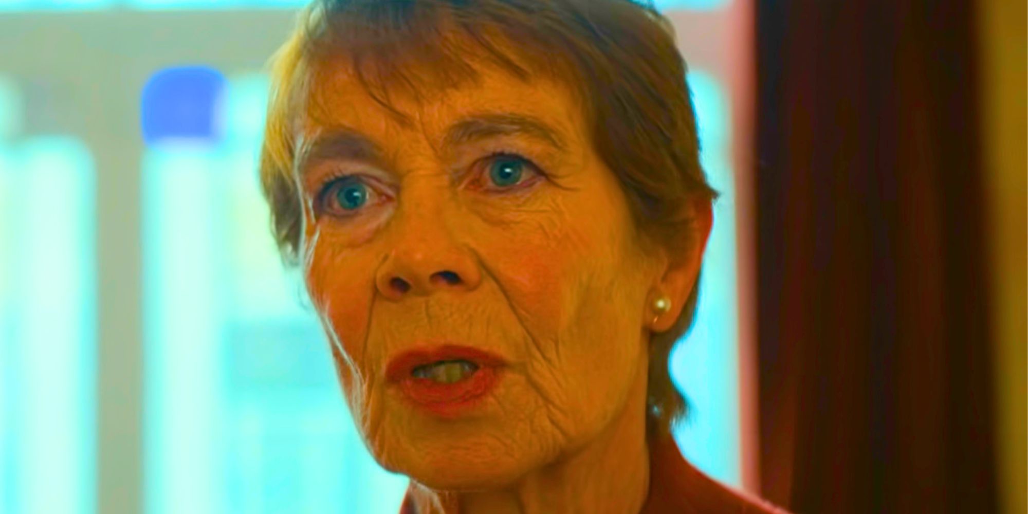 Celia Imrie as Margaret Roylin looking concerned in The Diplomat