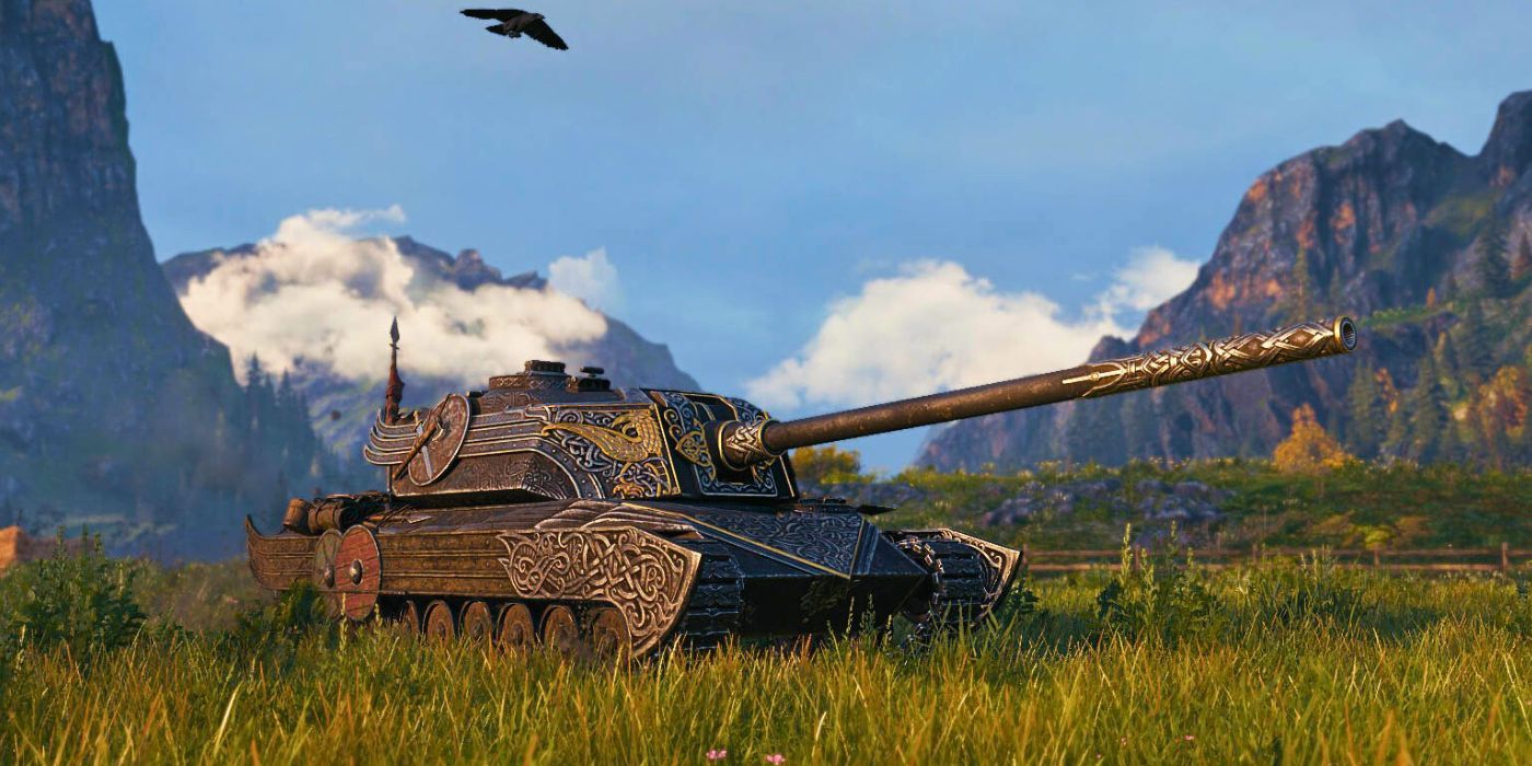 A tank with Viking etchings and decorations sitting in a scenic mountain pass clearing while a crow flies overhead