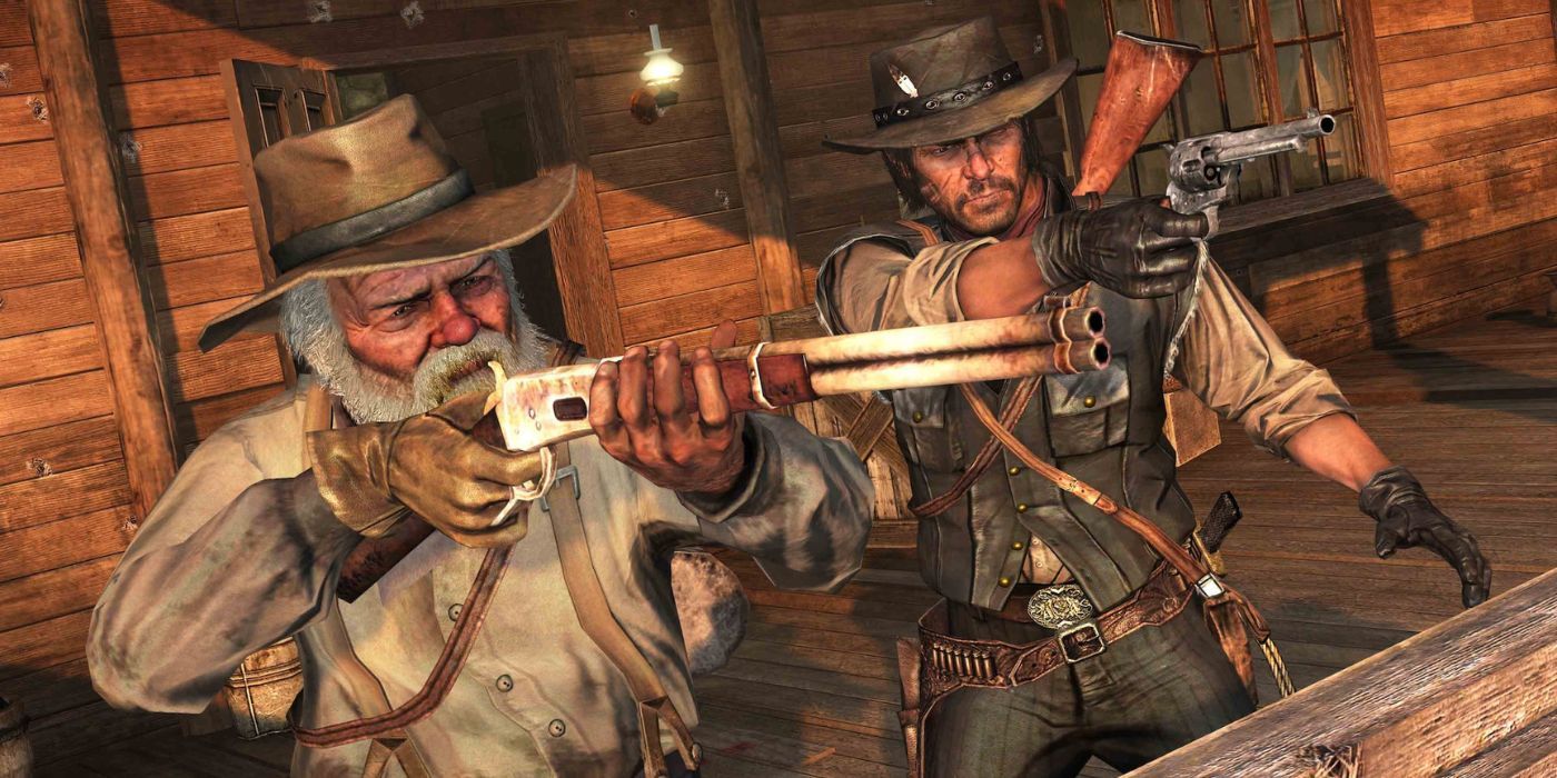 John Marston and Uncle firing at their enemies on the porch of a wooden house