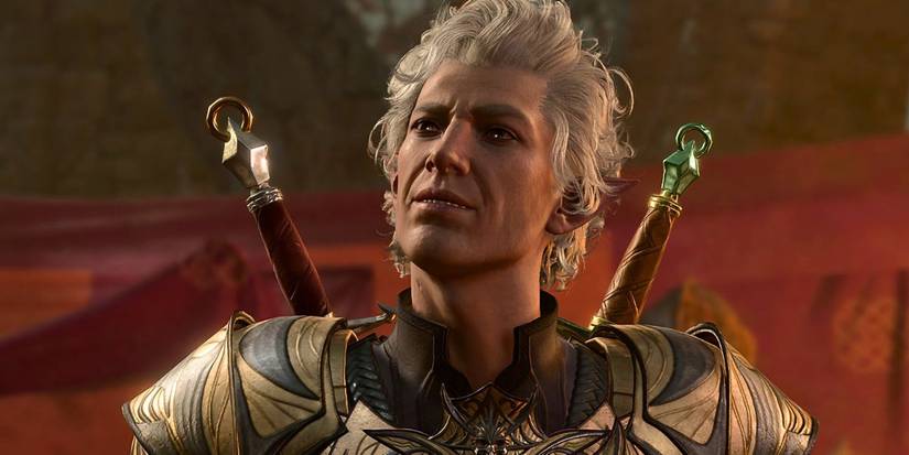 A smirking Astarion with two swords attached to his back