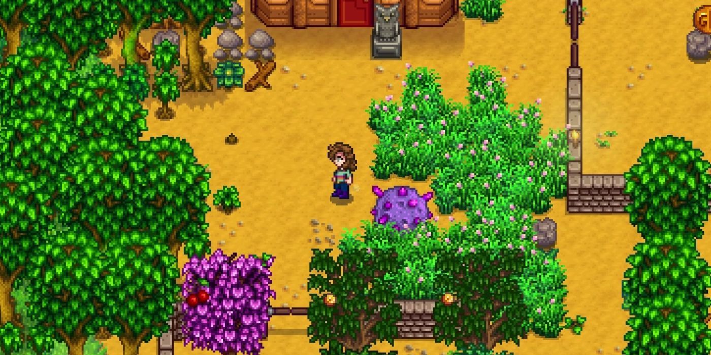 A Stardew Valley player standing in their yard with a massive amethyst meteor behind them