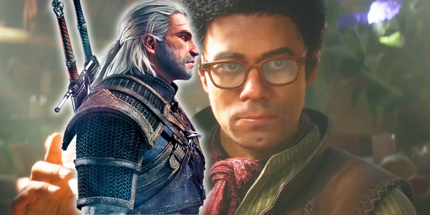 Geralt from The Witcher 3 alongside Richard Ayoade's character from Fable 4