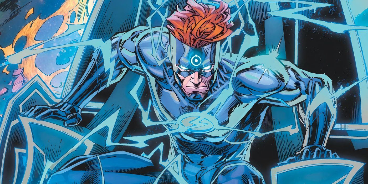 Arte de quadrinhos: Wally West em uma fantasia azul de Flash senta-se na cadeira Mobius.