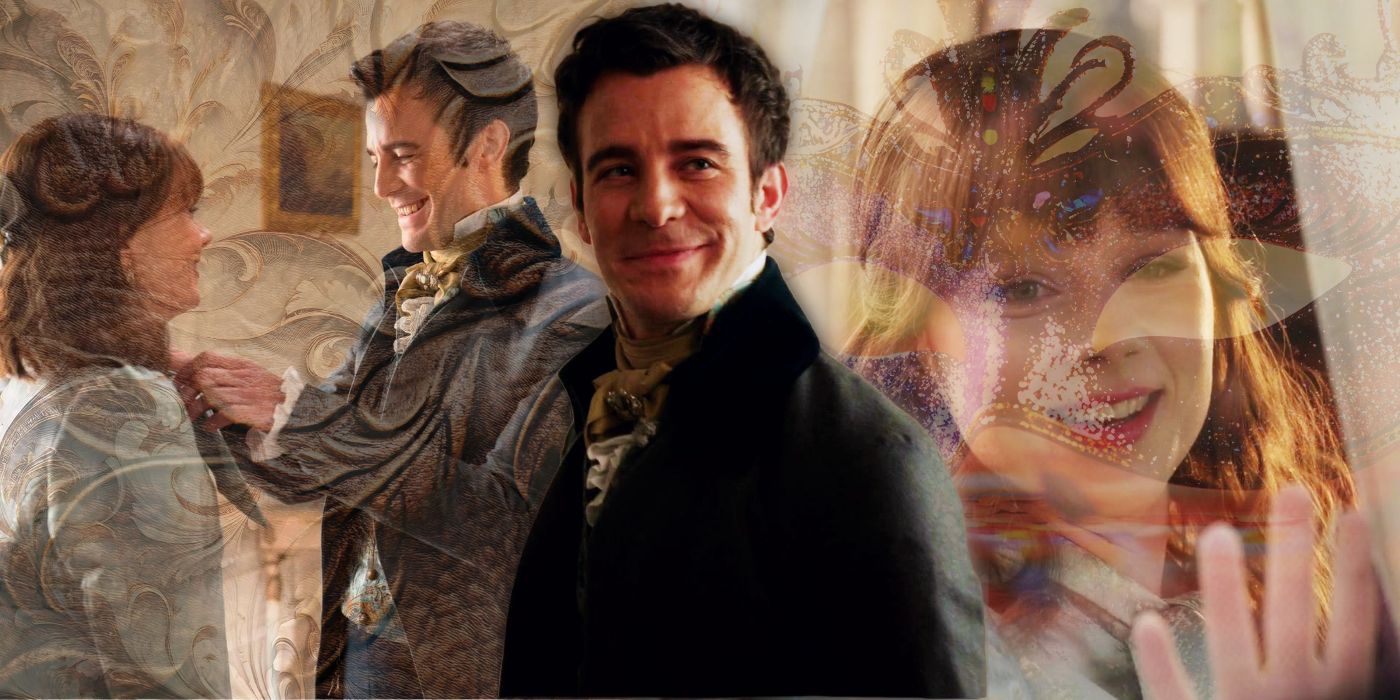 A cutout of Benedict Bridgerton against a background collage of his sister Eloise and a conversation between Eloise and Benedict, with some texture overlays.