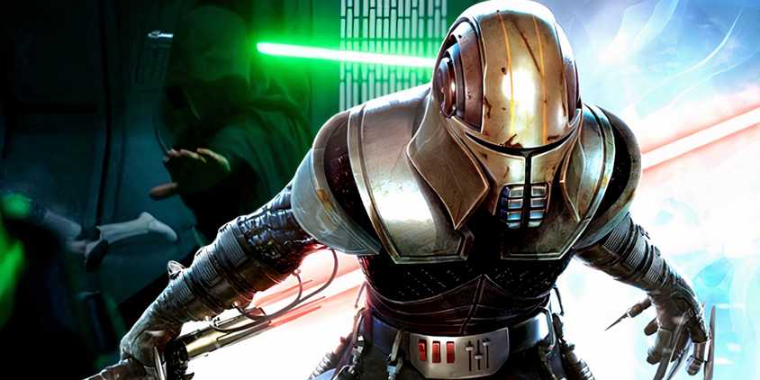 Luke Skywalker wielding his green lightsaber in The Mandalorian season 2 and Lord Starkiller in Star Wars: The Force Unleashed - Ultimate Sith Edition.