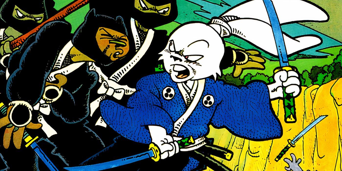 Usagi Yojimbo lutando contra uma horda de ninjas.