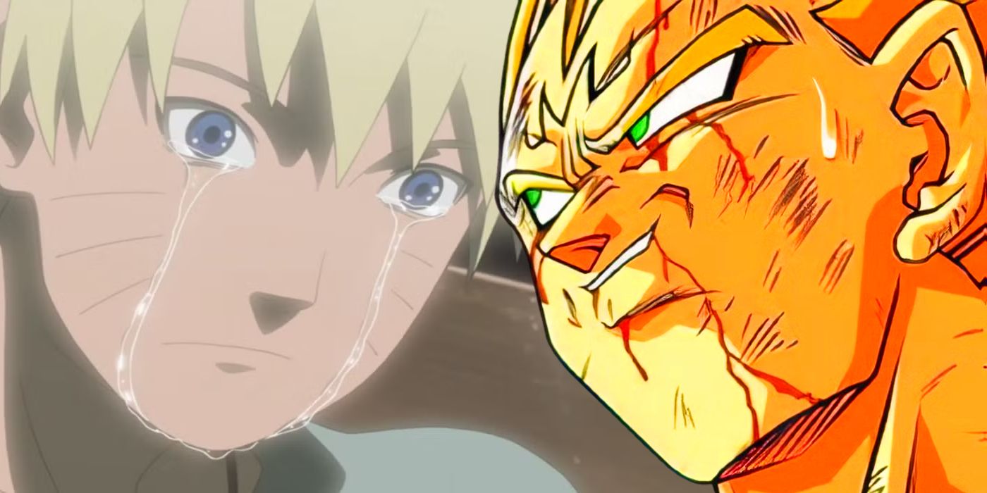 Majin Vegeta smiles as he looks at Naruto crying.
