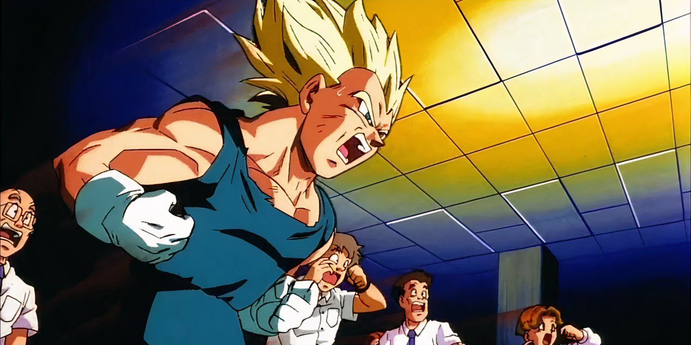 Vegeta protegendo um prédio cheio de pessoas em Dragon Ball Z: Wrath of the Dragon.