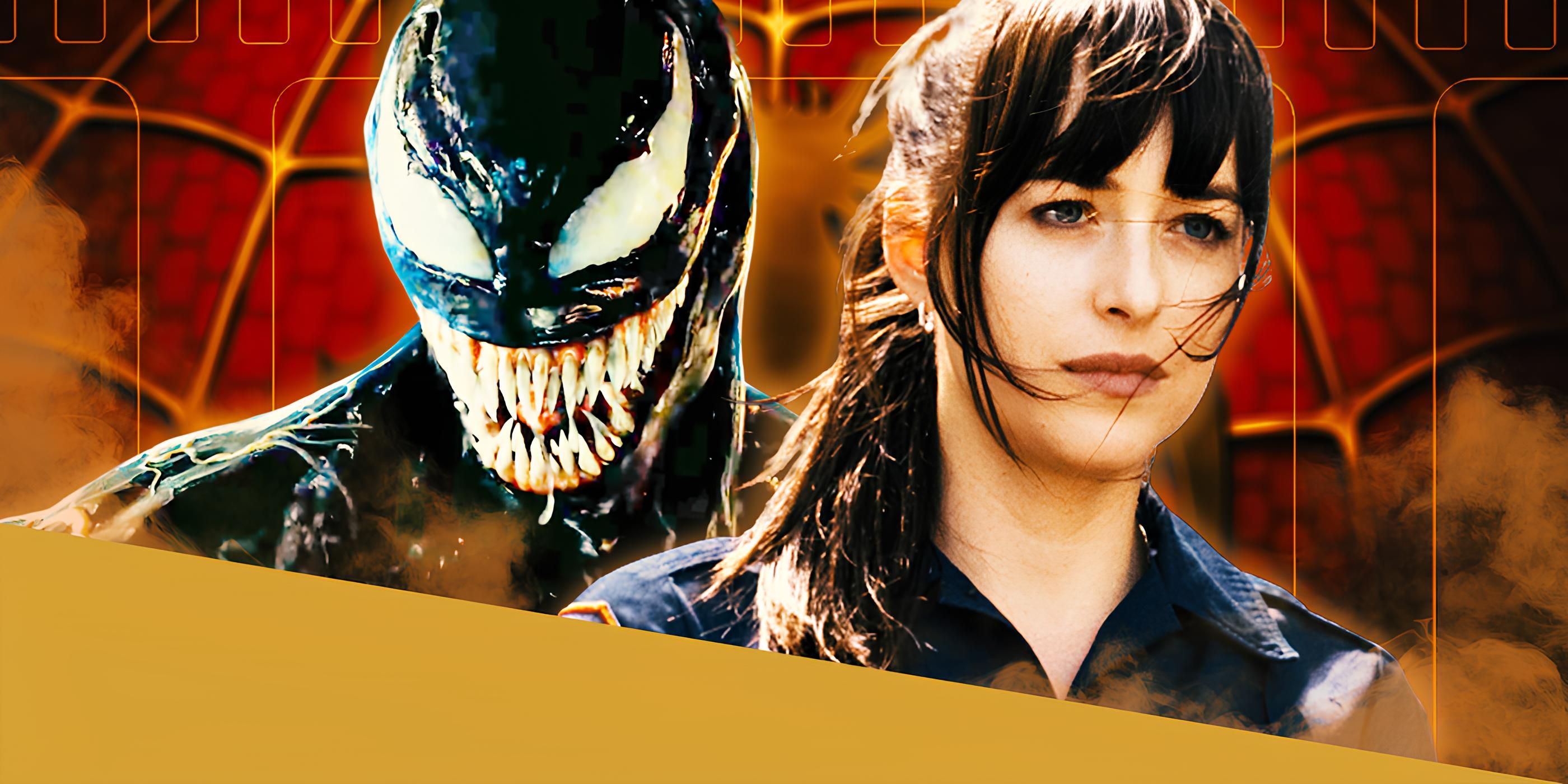 Venom and Dakota Johnson as Madame Web in Front of Spider-Man Webbing