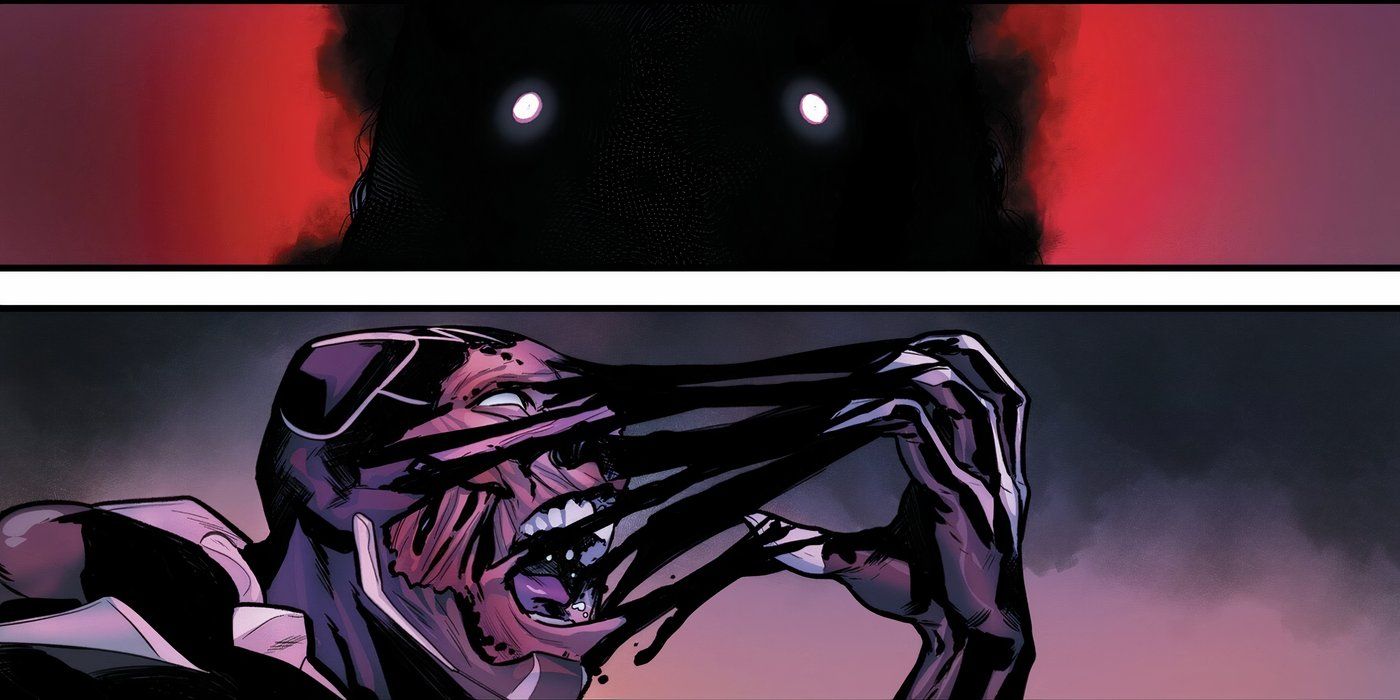 A dark entity watching Black Panther ripping off his own face. 