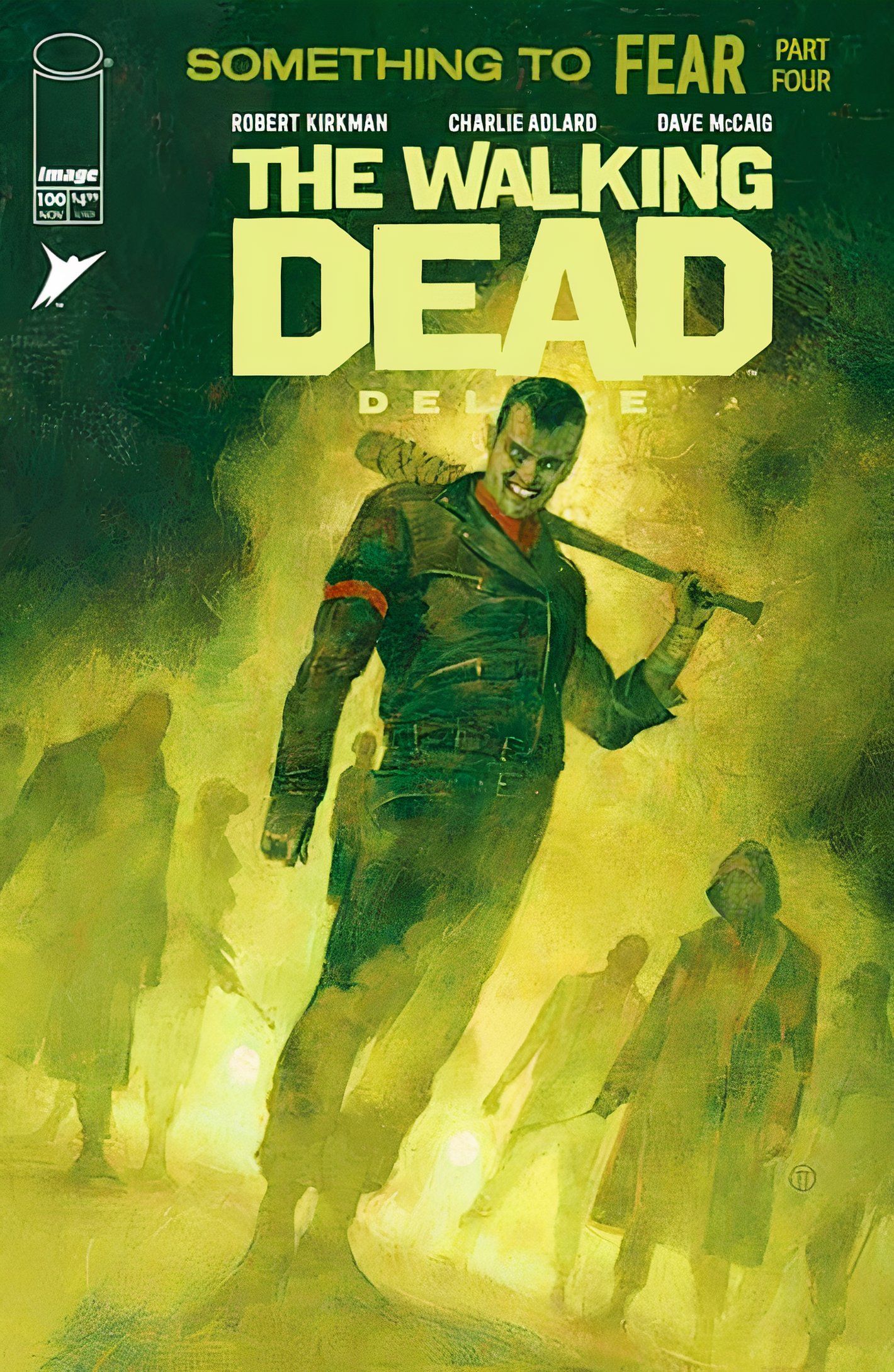 Walking Dead #100 variant cover, Negan smiling wickedly, surrounded by silhouettes of his Saviors