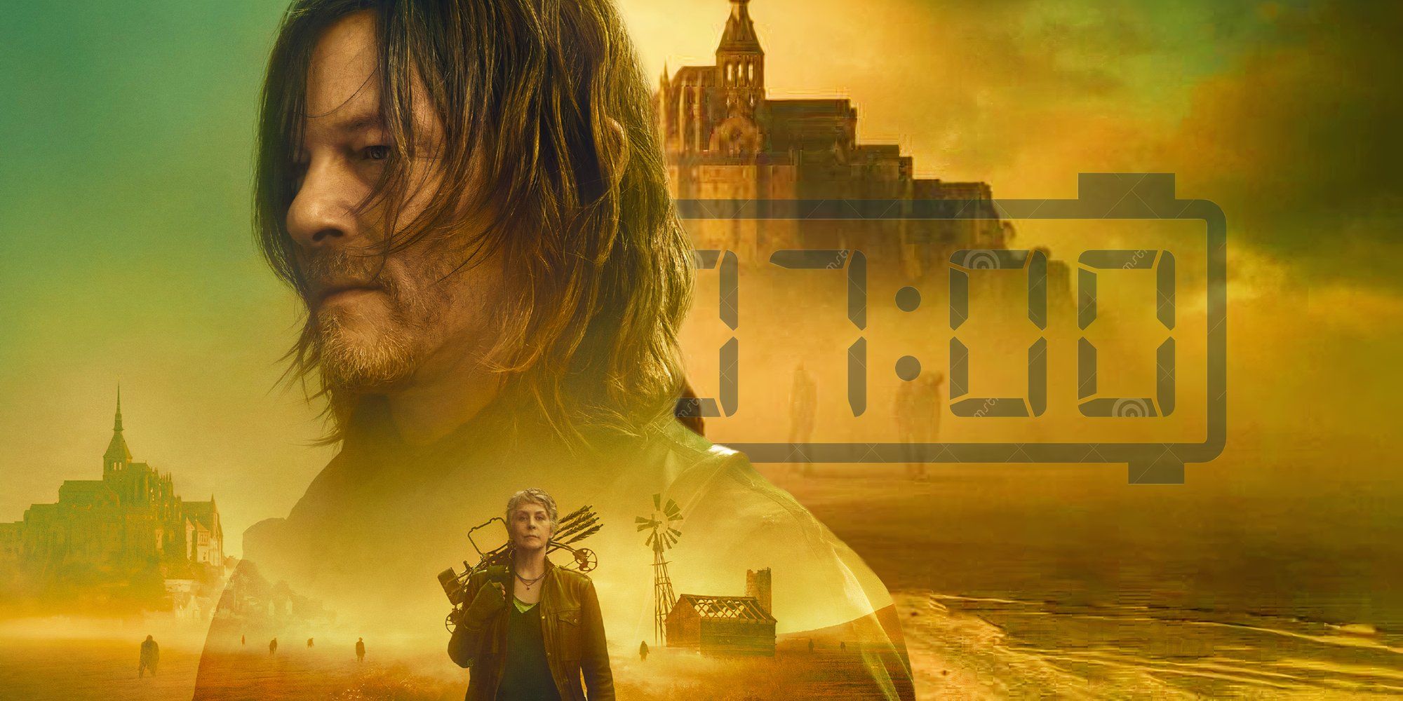  Daryl Dixon season 2 (2024) with opaque clip art of a digital clock