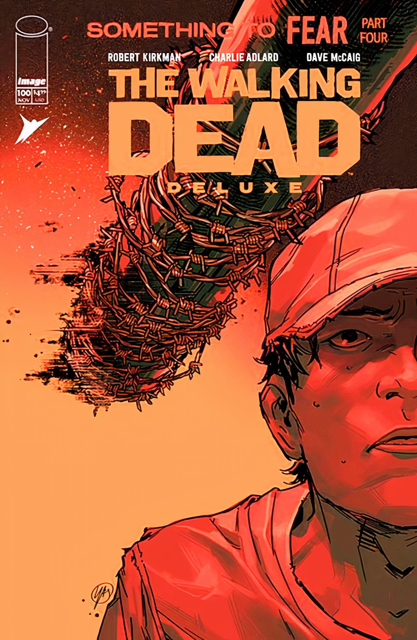 Walking Dead Deluxe #100 cover, Glenn staring up at Lucille moments before his death