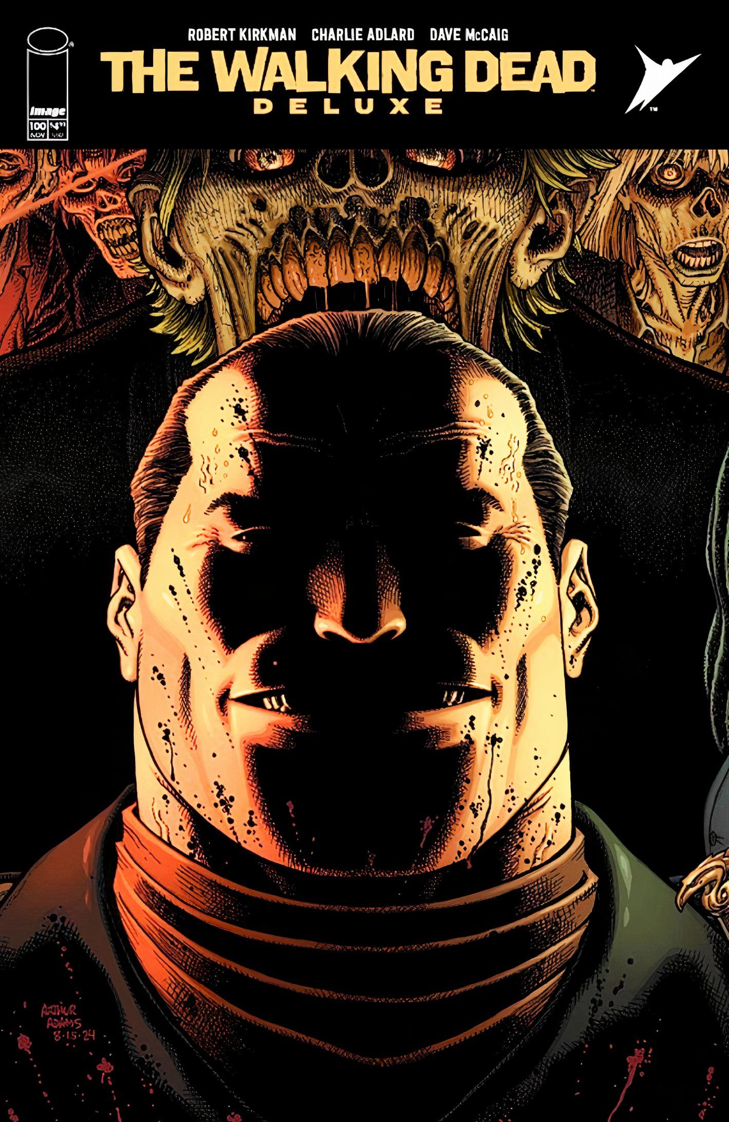 Walking Dead Deluxe #100 variant cover, close up of Negan with zombies looming behind him