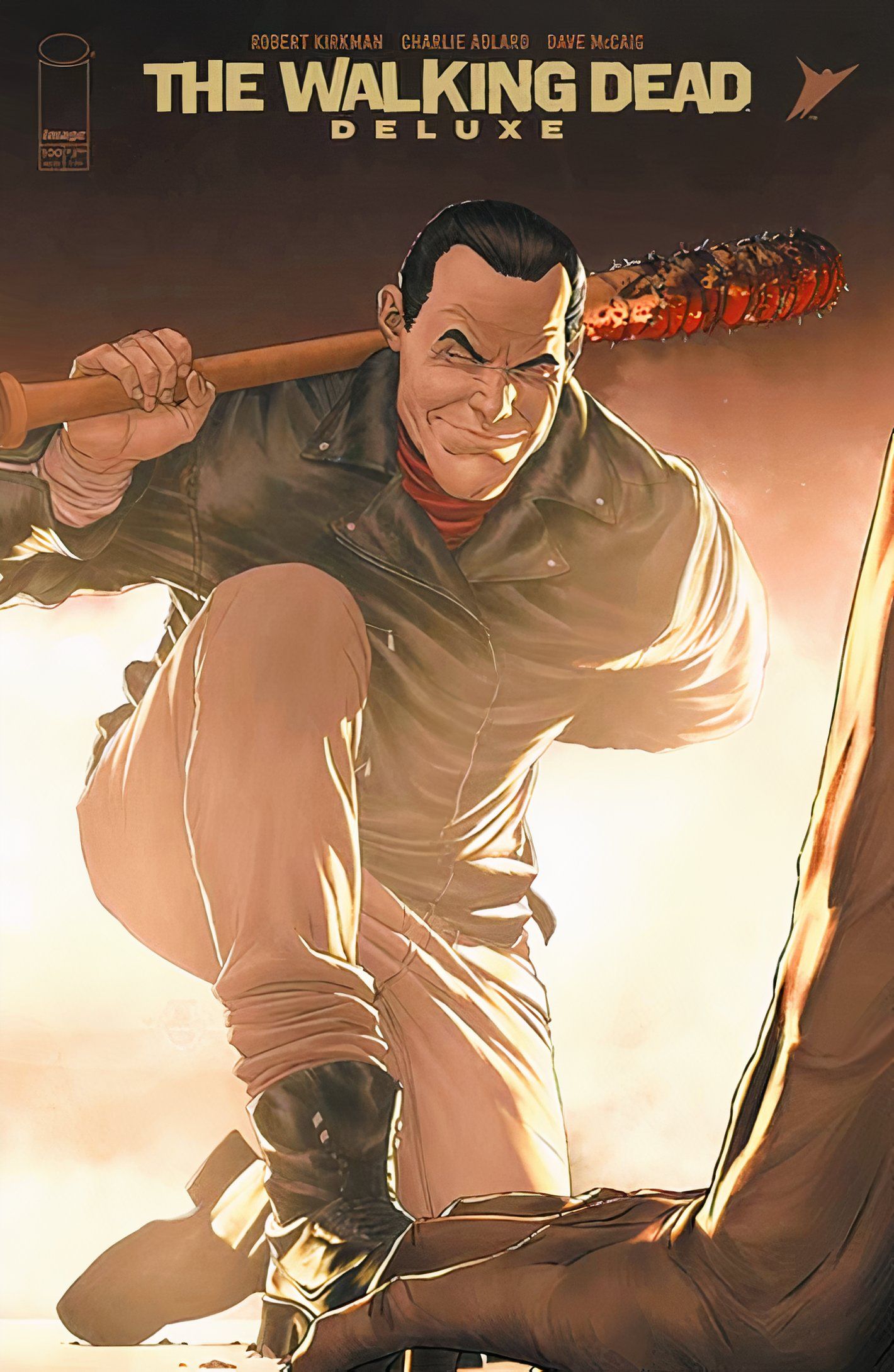 Walking Dead Deluxe #100 variant cover, Negan taking a knee, his bat dripping Glenn's blood