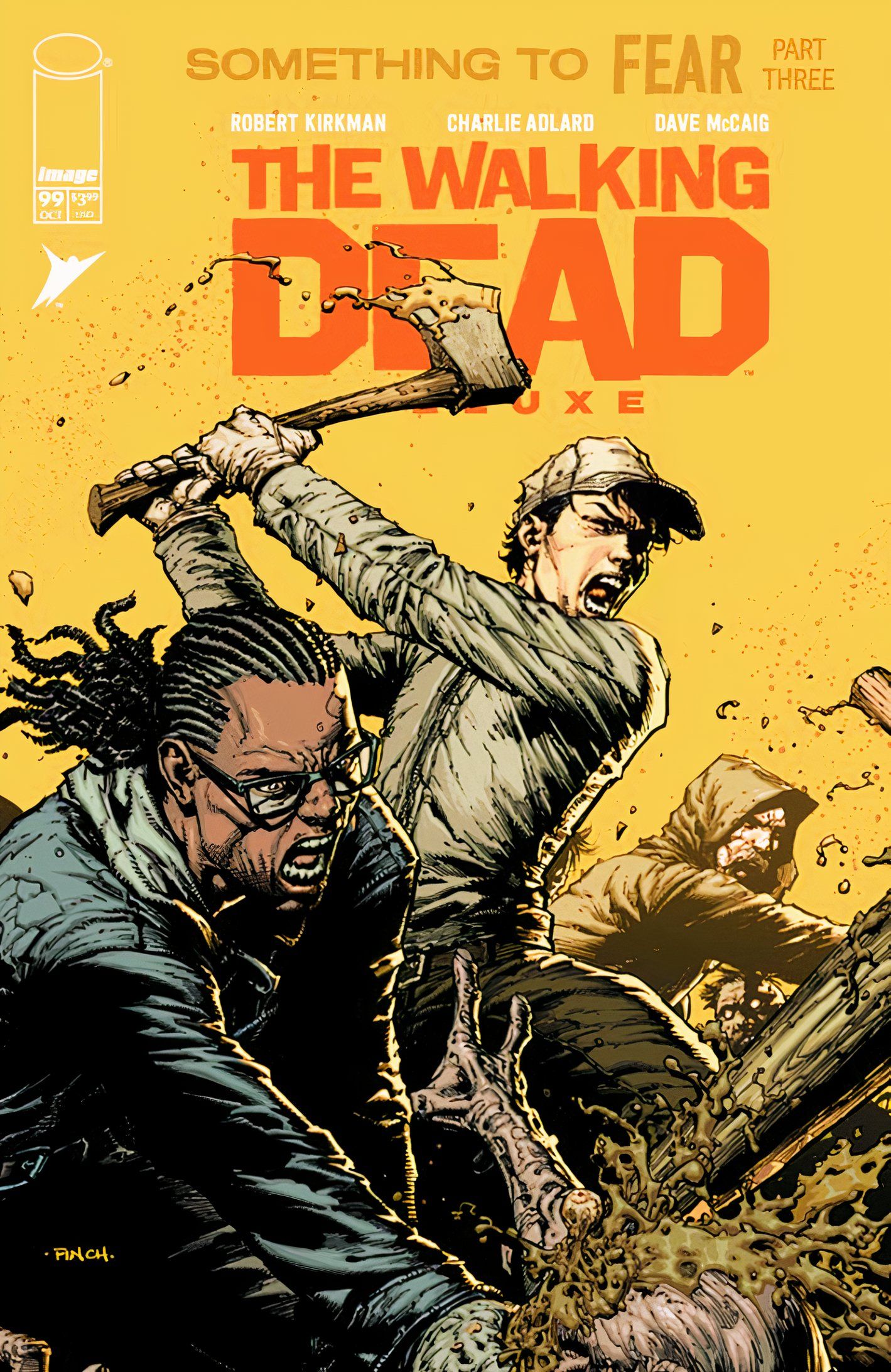 Capa de Walking Dead Deluxe # 99, Glenn empunhando machadinha e outros personagens lutam contra zumbis