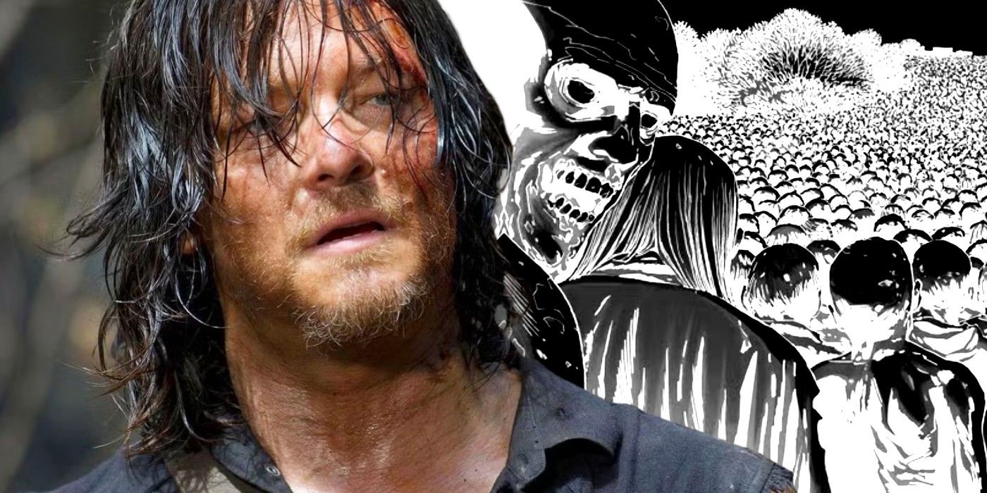 walking dead's daryl dixon and an army of zombies in negative