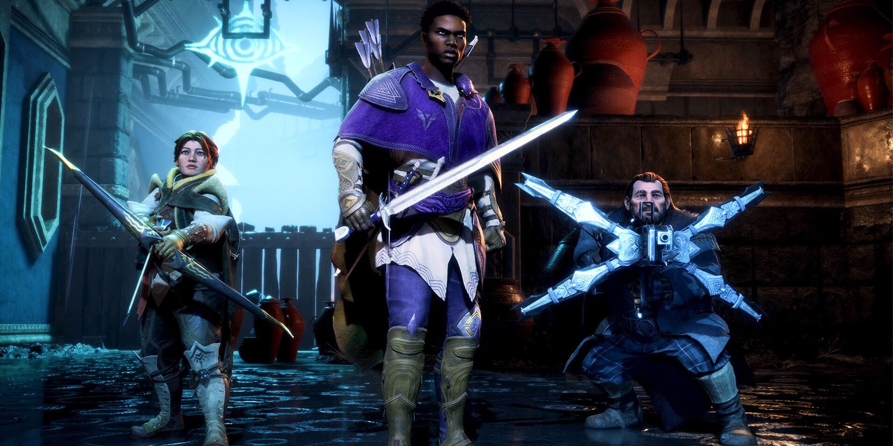 Warrior Rook stands with Lace and Varric in Dragon Age The Veilguard