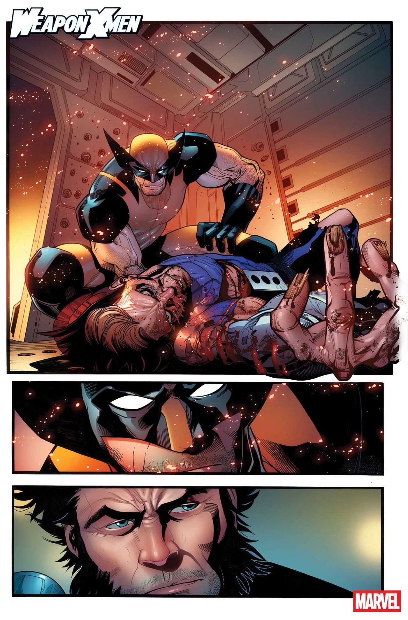 Comic page: Wolverine looks at an injured person.