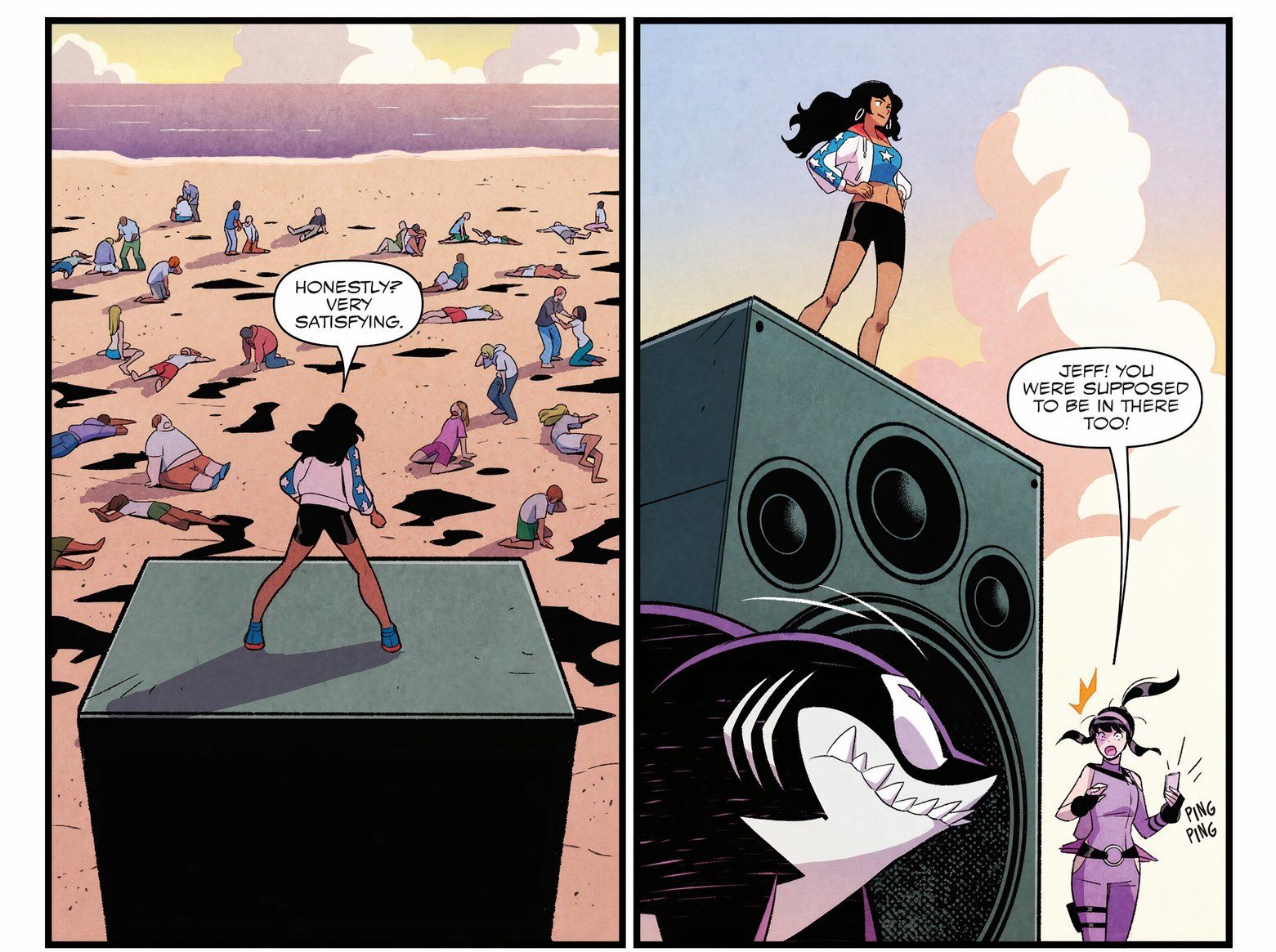 America Chavez, Hawkeye, and Jeff the Land Shark look over many fallen Symbiotes. 