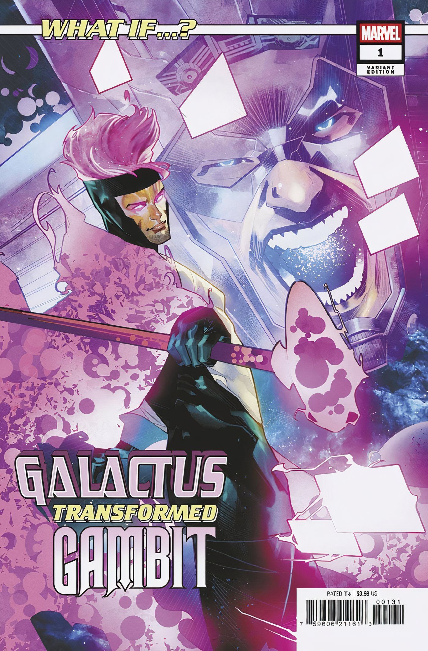 Capa dos quadrinhos: Gambit está em sua transformação Power Cosmic, brilhando com energia rosa, com Galactus ao fundo