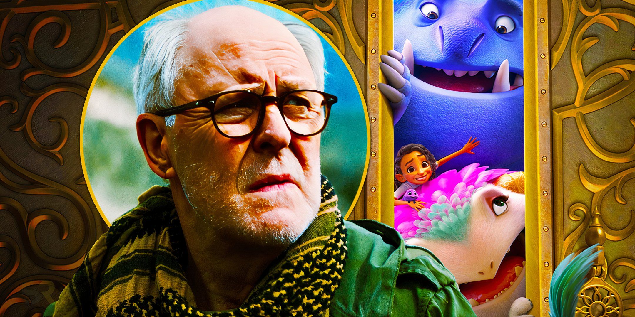 John Lithgow looking seriously next to Spellbound's characters