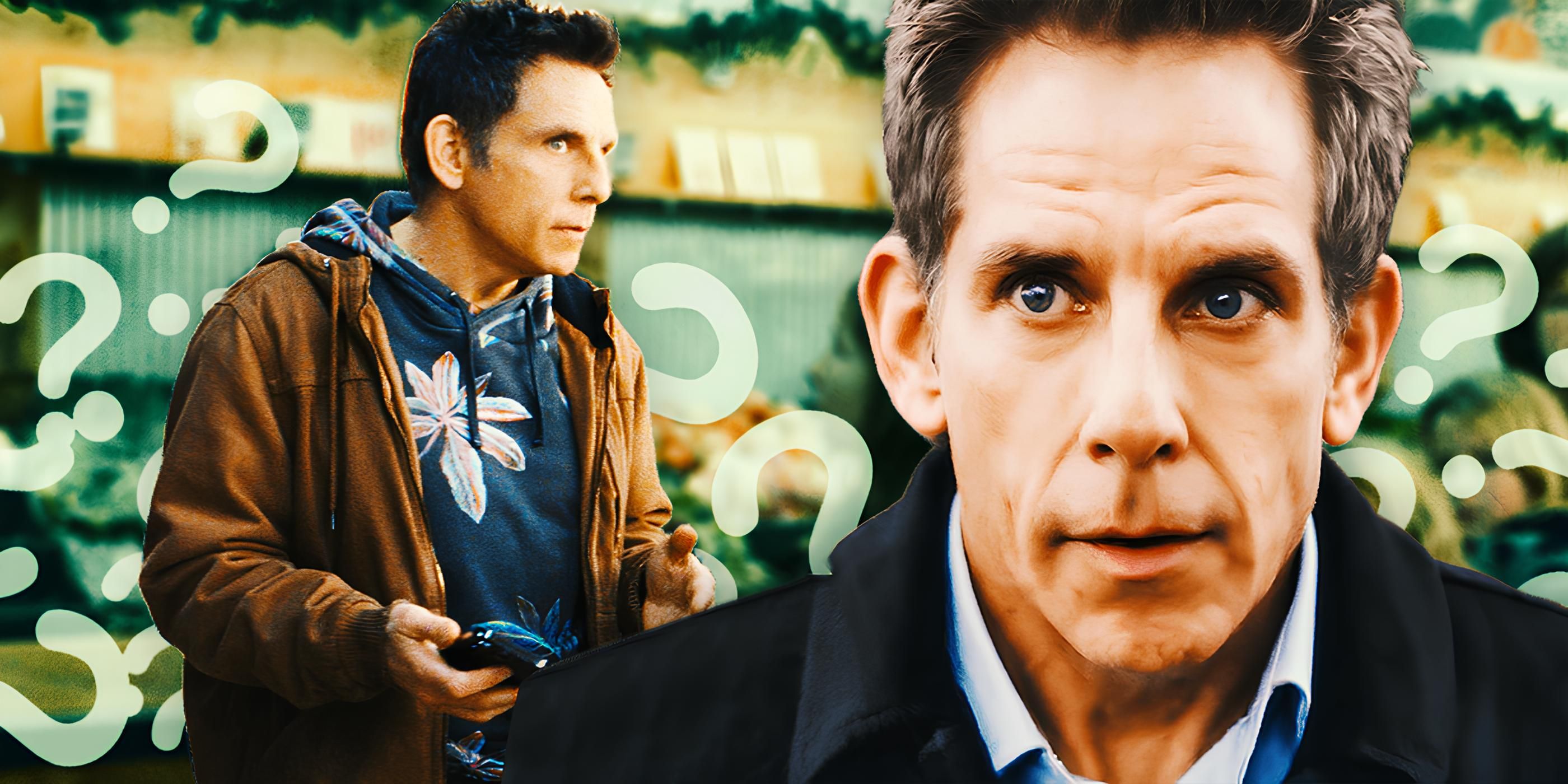 Ben Stiller soldaki Fındıkkıranlar'da bakkalda ve sağdaki Fındıkkıranlar'ın yakın çekiminde soru işaretleriyle çevrili birleşik bir görüntüde