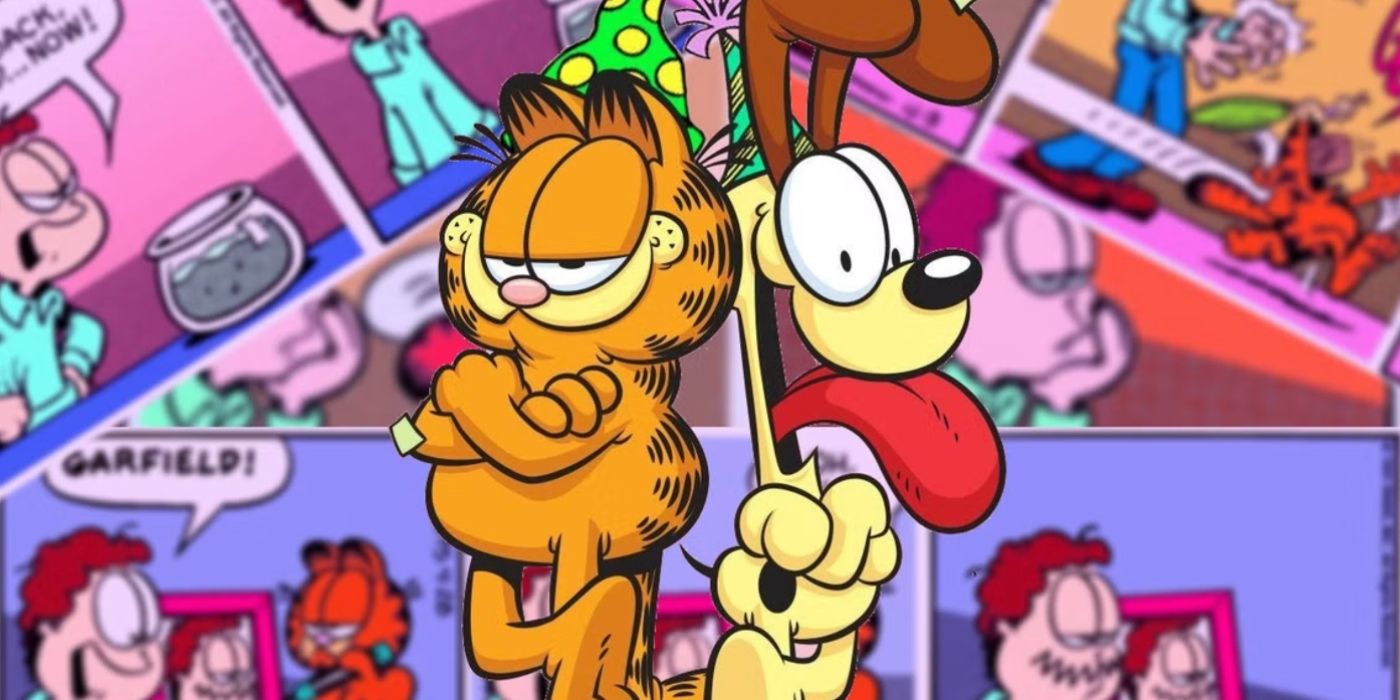 Garfield parado ao lado de Odie com histórias em quadrinhos borradas atrás deles.