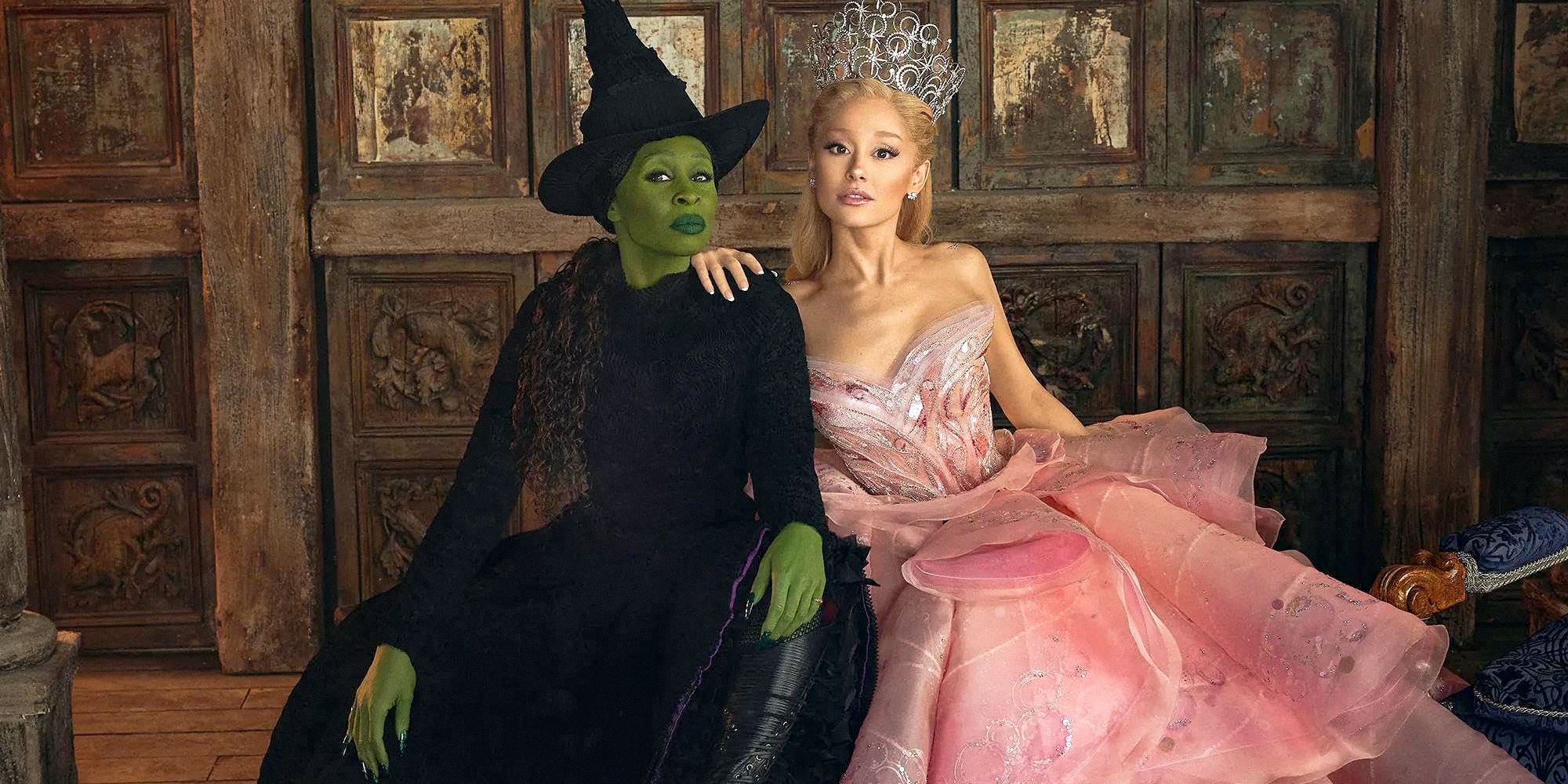 Elphaba (Cynthia Erivo) and Glinda (Ariana Grande) posing in Wicked