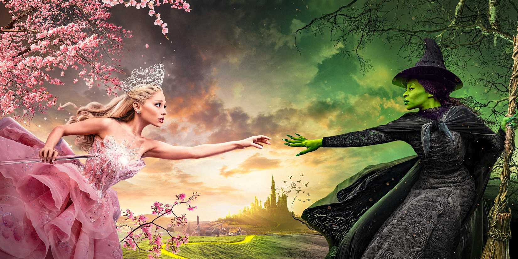 Poster of Glinda (Ariana Grande) and Elphaba (Cynthia Erivo) on the verge of touching hands in Wicked