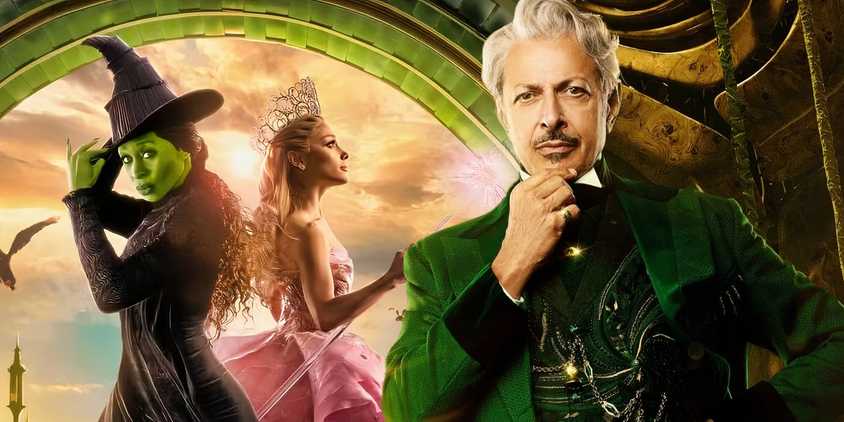  A composite image of Glinda and Elphaba standing back to back behind the Wizard looking thoughtfully in Wicked