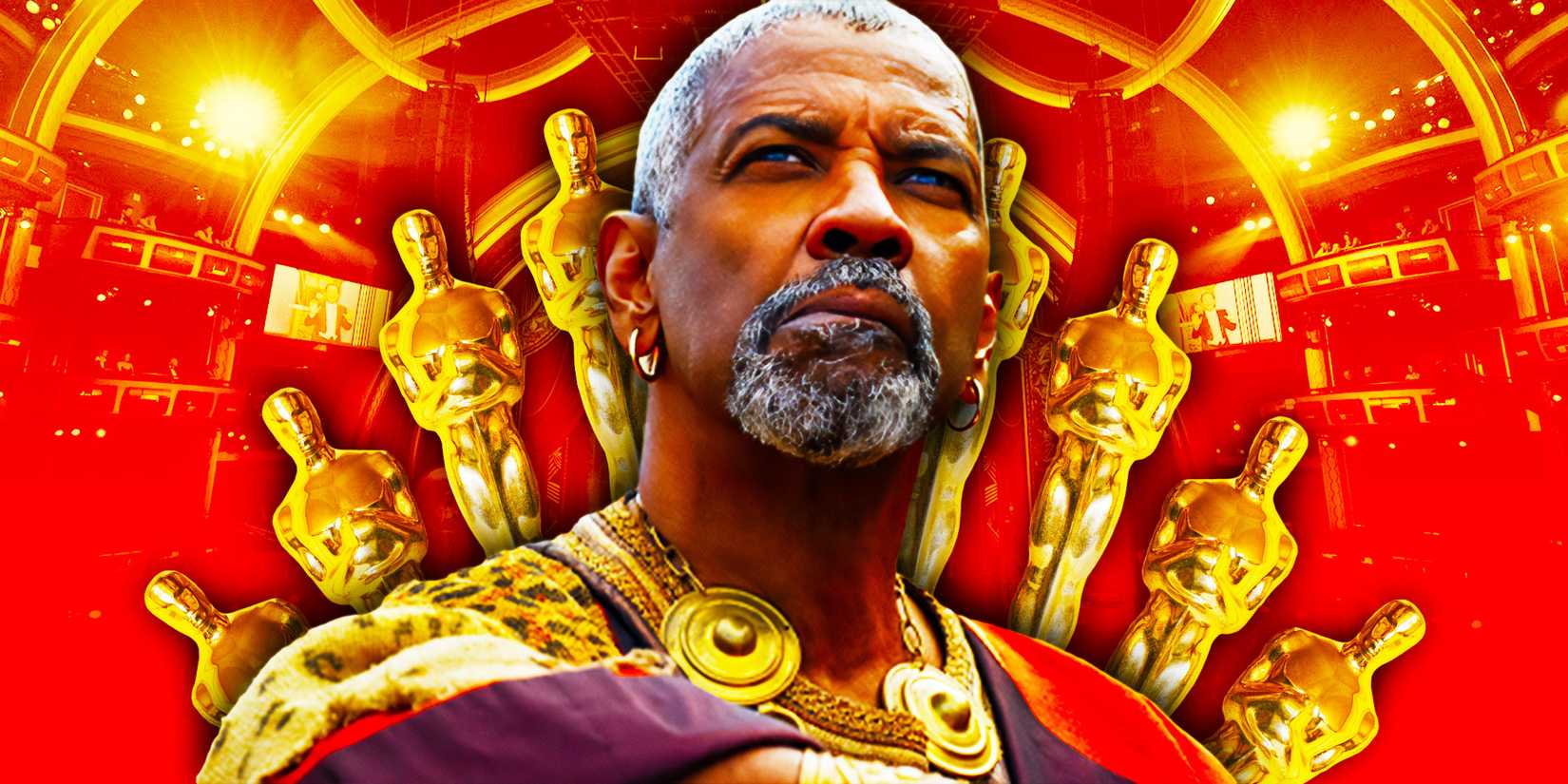 A custom image of Denzel Washington in Gladiator 2 with Oscars fanned out behind him