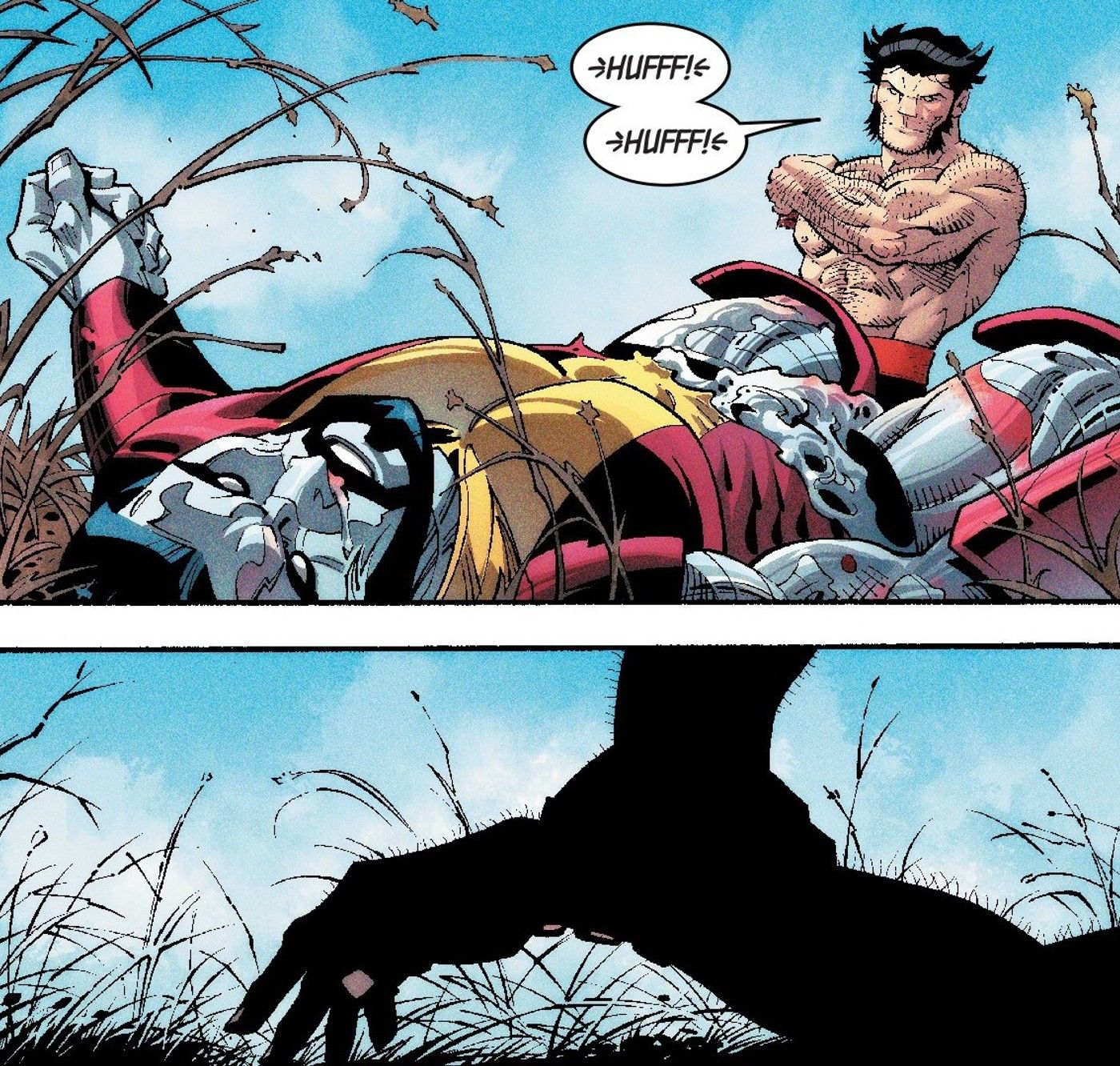 Comic book panels: Wolverine looks at Colossus' dead body after their fight.