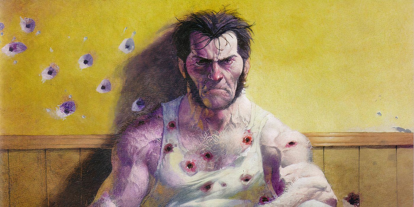 Wolverine sentado miseravelmente com buracos de bala espalhados por seu corpo.