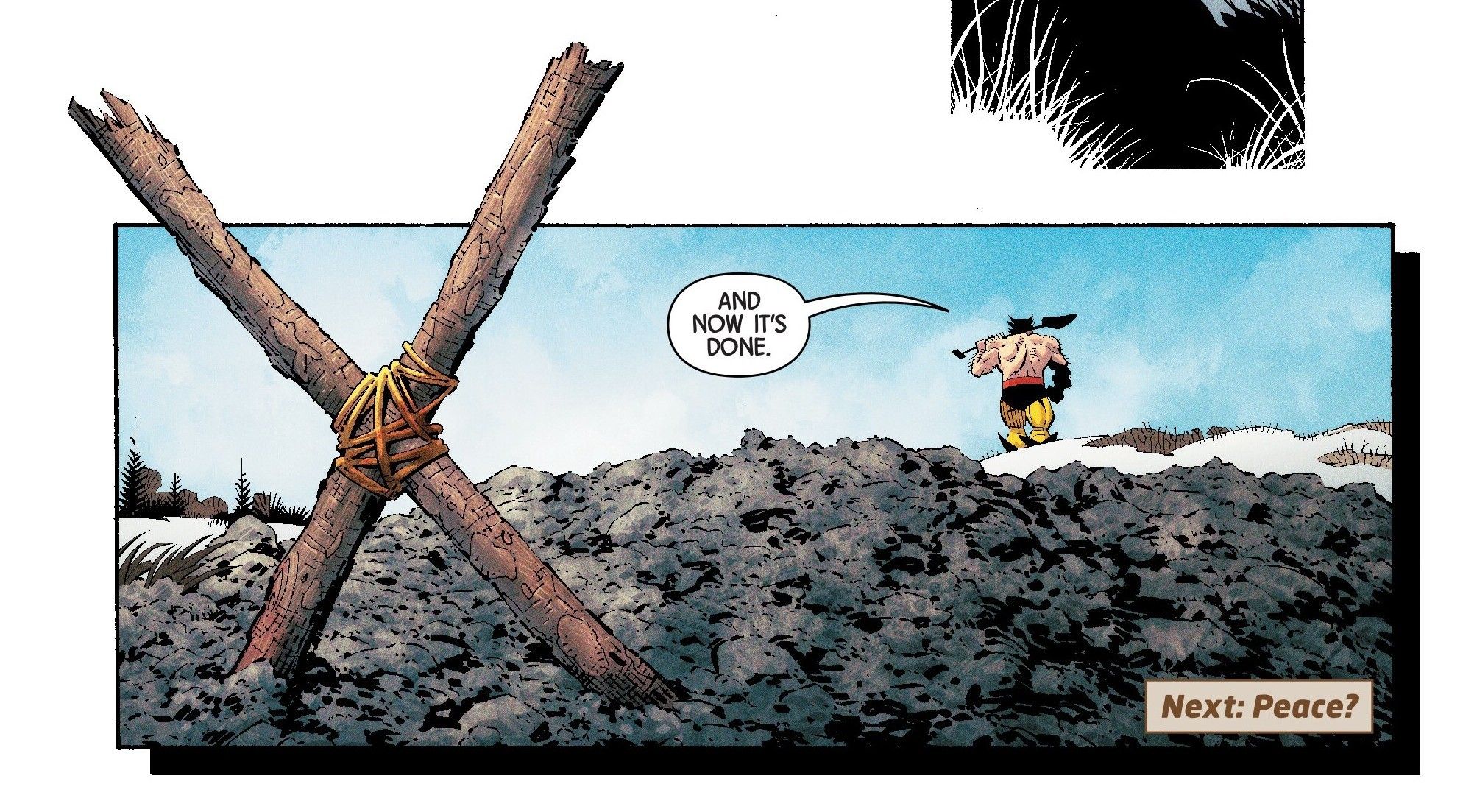 Comic book panel: Wolverine walks away from Colossus' grave, which is marked with a wooden X.